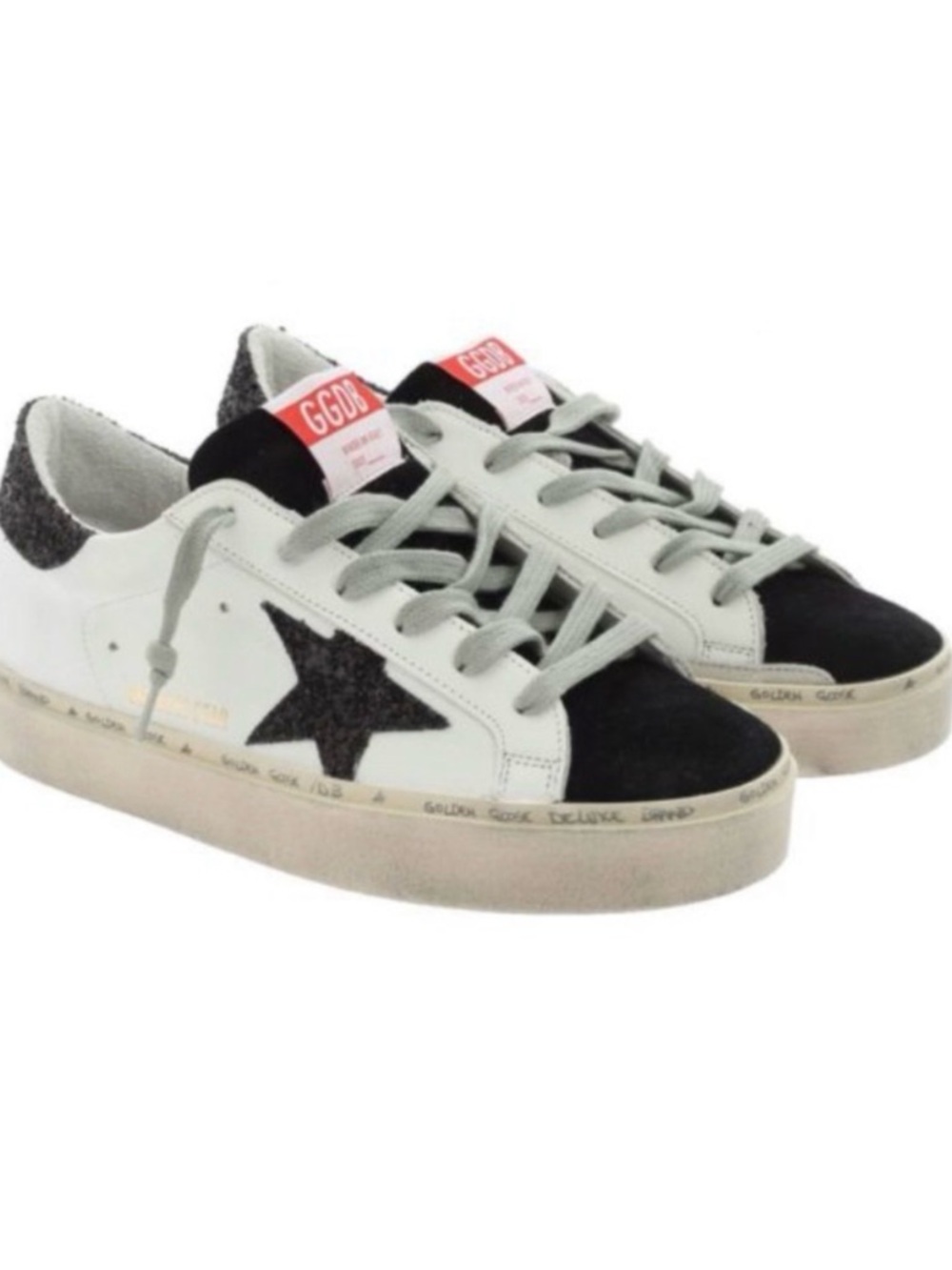 Golden goose hi star classic with black suede and black glitter heel and stars